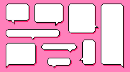 Collection different pixel texting dialogue boxes or speech bubble isolated on pink background.