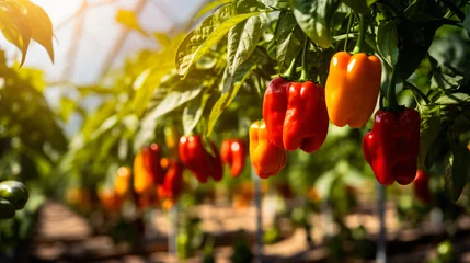 Fototapete Scharfe Chili-pfeffer Growing sweet peppers in a greenhouse
