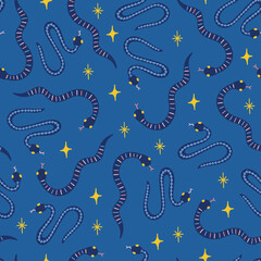 Celestial seamless pattern with snakes and stars on blue background