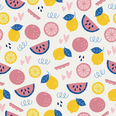 Summer seamless pattern with watermelon, lemon, hearts, orange, lines
