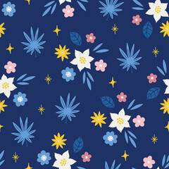 Fototapeta na wymiar Summer seamless pattern with flowers, leaves, stars, palm branches