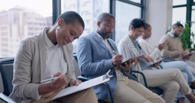 Paperwork, job candidates and people in waiting room writing resume information at recruitment agency. Human resources, men and women together in lobby with checklist form for hiring at interview.
