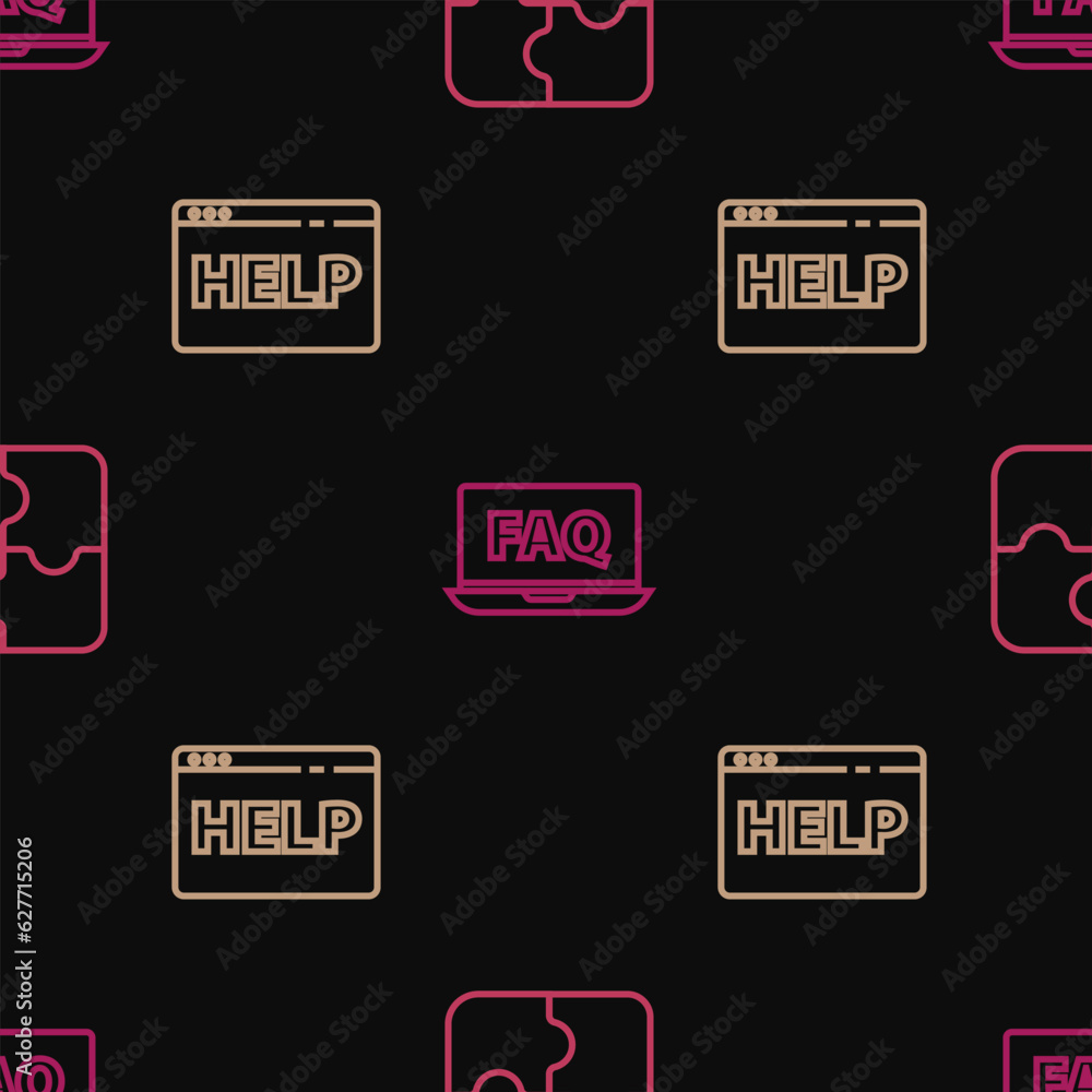 Aufkleber set line piece of puzzle, browser help and laptop and faq on seamless pattern. vector