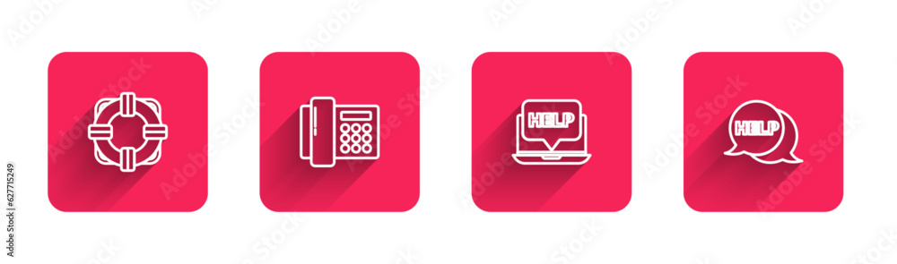 Poster set line lifebuoy, telephone, laptop and help and speech bubble with text help with long shadow. red