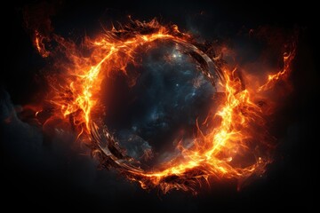 big circle with flames burning. sparks on a dark background - obrazy, fototapety, plakaty