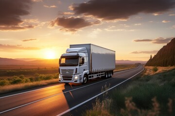 truck on the highway at sunset, Generative AI