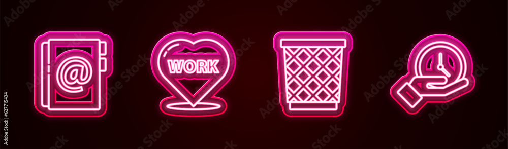 Aufkleber set line address book, heart with text work, trash can and clock. glowing neon icon. vector
