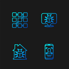 Set line Mobile and face recognition, House system bug, Graphic password protection and System. Gradient color icons. Vector