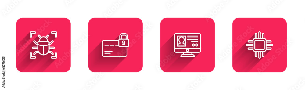 Poster set line system bug, credit card with lock, create account screen and processor microcircuits cpu wi