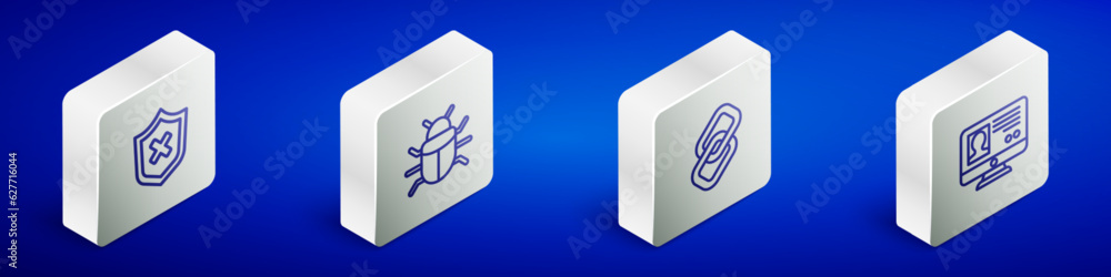 Poster set isometric line shield with cross mark, system bug, chain link and create account screen icon. ve