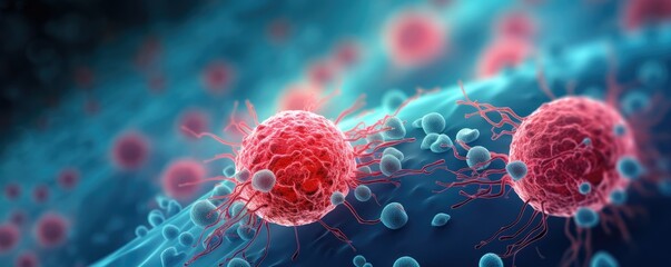 Molecular structure of cancer cells under microscope, realistic macro body panorama.