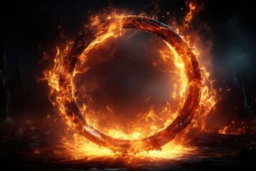 big circle with flames burning. sparks on a dark background - obrazy, fototapety, plakaty