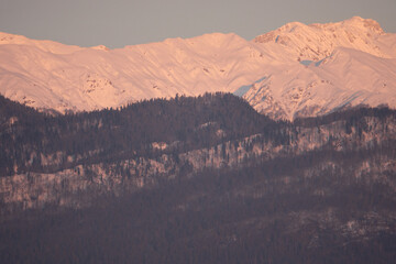 Panoramic view of the Caucasus mountain range from Adler, Russia.