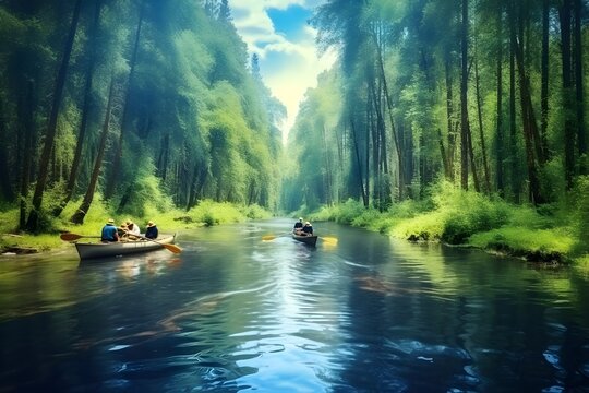 people ride canoe on the river in the forest