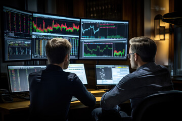 Finance guys trading stocks, crypo or forex in a business office on monitors with financial charts and analyze finance markets. Chart research. Charts screening. Analyzing data graphs. Generative AI