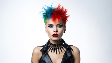 Young Punk Rock Girl from 1980s punk style with green, blue and red hair, black eyeshadow, deep red lipstick, and a spiked choker neckpiece