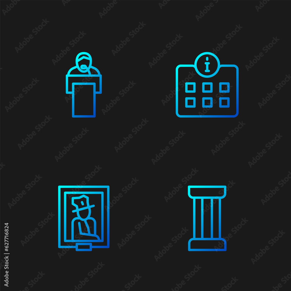 Poster set line ancient column, portrait in museum, gives lecture and information. gradient color icons. ve