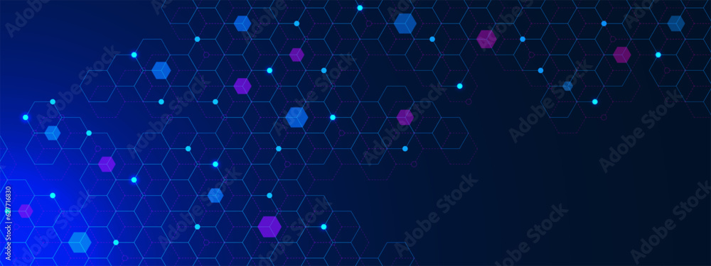 Aufkleber minimal geometric shape with hexagons pattern and glowing particle on dark blue background. medical,