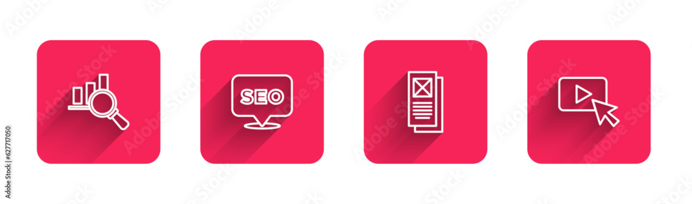 Poster set line magnifying glass and analysis, seo optimization, browser window and advertising with long s