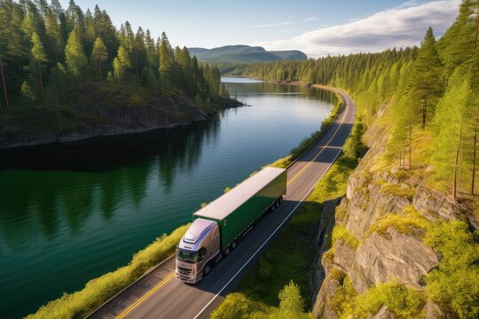 Truck on the road at sunset. Cargo transportation, Generative AI