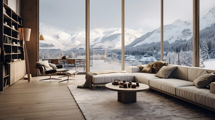 A modern Scandinavian-style apartment with light oak wood floors, a soft wool rug, and floor-to-ceiling windows offering a breathtaking view of snow-capped mountains. Generative AI