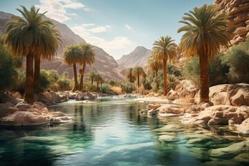 Obraz na płótnie Canvas Peaceful Oasis with Palm Trees and a Sparkling Pool, Generative AI