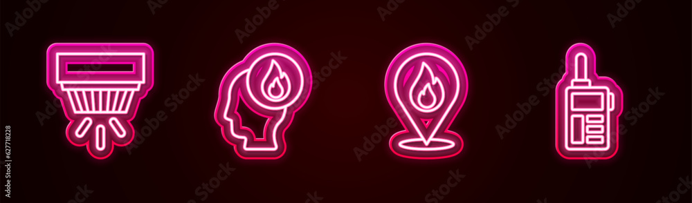 Sticker Set line Smoke alarm system, Firefighter, Location with fire flame and Walkie talkie. Glowing neon icon. Vector