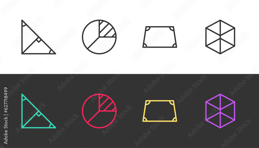 Poster set line angle bisector of a triangle, pie chart infographic, acute trapezoid shape and geometric fi