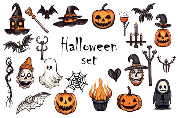 Halloween element set. Perfect for scrapbooking, greeting card, party invitation, poster, tag, sticker kit. Hand drawn vector illustration