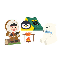 Inuit Camping with penguin and polar bear