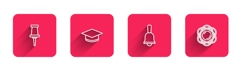 Set line Push pin, Graduation cap, Ringing bell and Atom with long shadow. Red square button. Vector