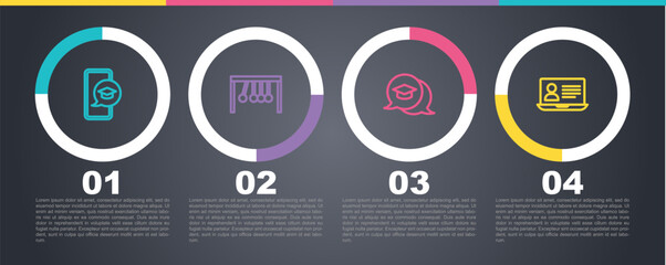 Set line Graduation cap on mobile, Pendulum, in speech bubble and Online class. Business infographic template. Vector