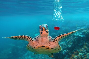 Hawksbill sea turtle watching curiously plastic bottle floating in the blue sea water. World ocean contaminated by  plastic.