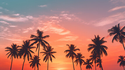 Naklejka na ściany i meble Palm trees against orange pink sky at sunset