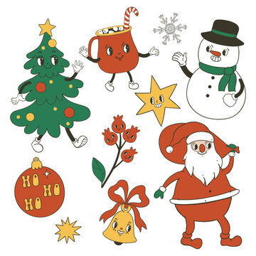 Set of cute christmas characters in groovy style. Vector graphics.