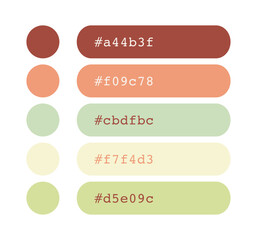 Boho earthy color palette, earthy pastel colors catalog, color matching, RGB, CMYK, Pantone colors, harmonious colors palette sample, design and edit idea, with hex code