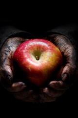 Harvest's Bounty: Close-Up of a Farmer's Hand with Apple, Set Against a Dramatic Black Background, Captured in 4K Resolution