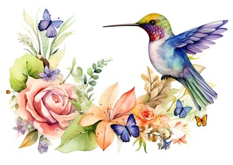 Whimsical Harmony: Graceful Hummingbird Amidst Blooming Flowers on a White Background. Generative Ai