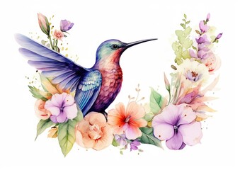 Whimsical Harmony: Graceful Hummingbird Amidst Blooming Flowers on a White Background. Generative Ai