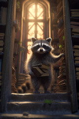 Amusing Raccoon Exploring Books in a Library full of Literature - AI generated