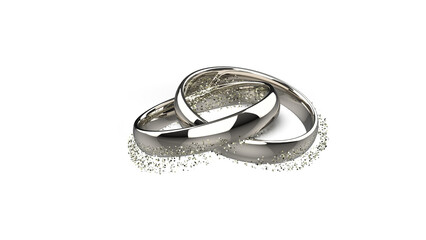 posh glossy platinum rings interlaced interconnected with a corona of flittering flakes isolated 3D CAD rendering floor shadow