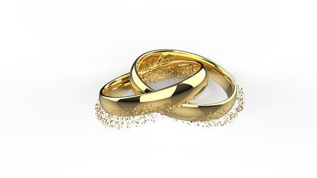 posh glossy gold rings interlaced interconnected with a corona of flittering flakes isolated 3D CAD rendering floor shadow
