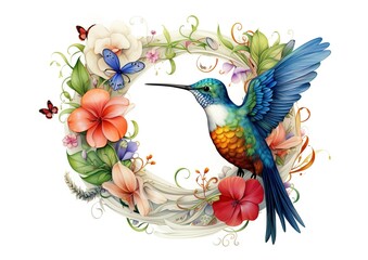 Floral Harmony: An Exquisite Floral Alphabet Letter Adorned with Flowers and a Hummingbird. Generative Ai