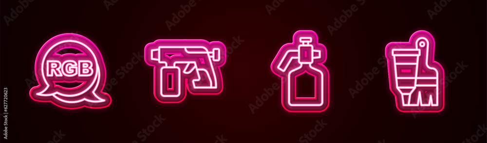 Sticker Set line RGB, Paint spray gun, and Tube with paint and brush. Glowing neon icon. Vector