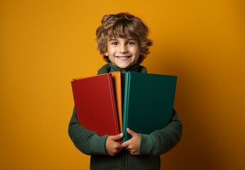 Kid with books on yellow background
