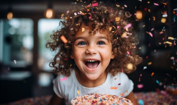 Kid having fun during birthday party with cake and confetti