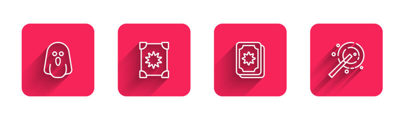 Set line Ghost, Ancient magic book, Tarot cards and Magic wand with long shadow. Red square button. Vector