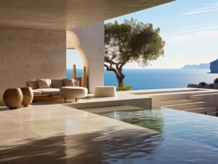 Fotobehang Cappuccino Gazing at the ocean from a serene minimalist terrace. Generative AI.