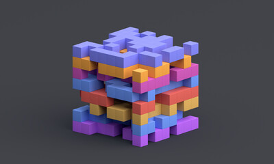 Abstract 3d render, geometric background design with colorful cubes