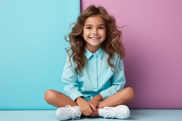Young girl sitting on the floor on a blue background